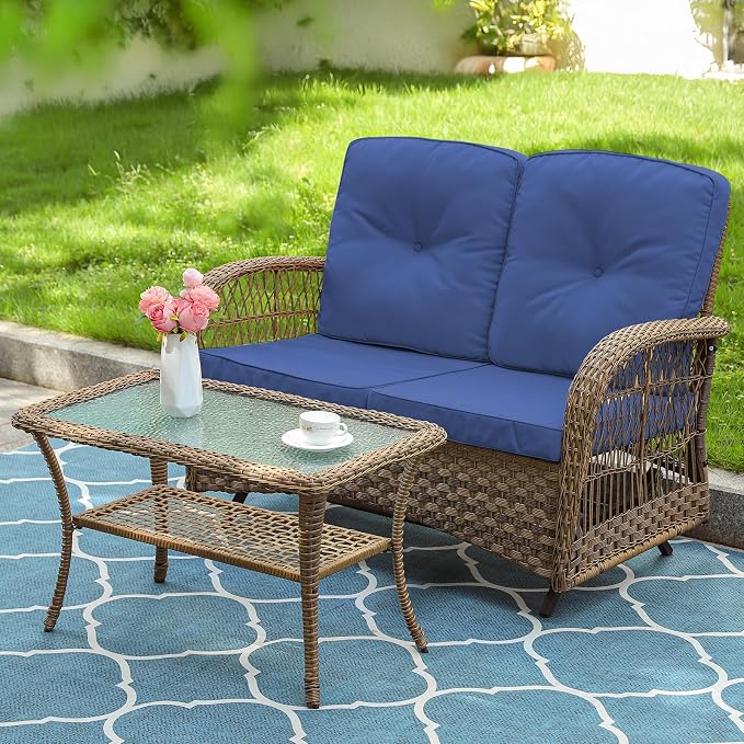 VIVIJASON 2-Piece Patio Wicker Loveseat Glider Set, Outdoor Conversation Furniture Set with 2-Seater Rattan Glider Rocking Bench and Glass-Top Coffee Table for Porch Garden Backyard, Navy Blue