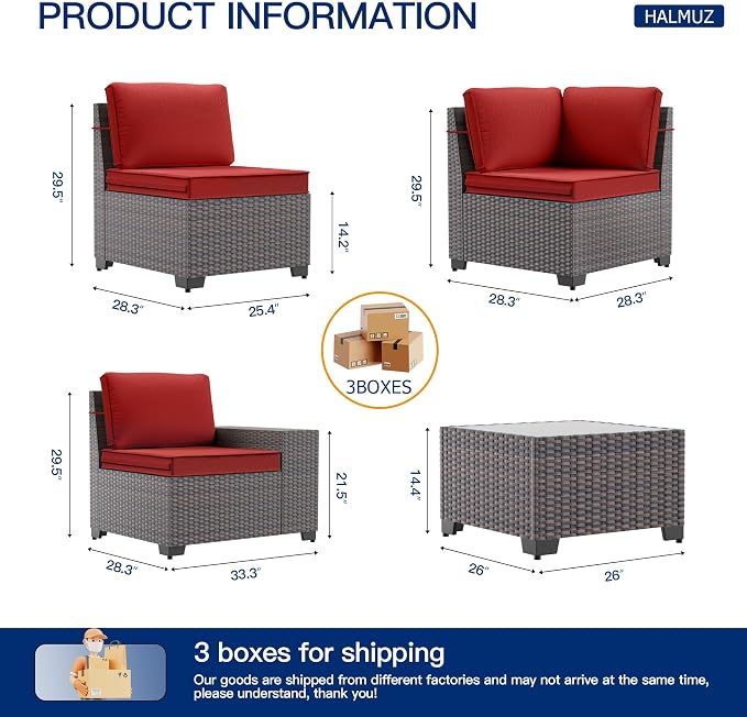 6 Pieces Patio Furniture Sets with Glass Tea Table,PE Rattan Wicker Patio Conversation Set with Washable Cushions,Outdoor Patio Sectional Furniture Set for Backyard, Poolside, Garden,Red
