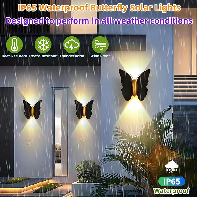 Butterfly Wall lihgts Decorations Solar Fence Lights Outdoor Solar Deck Light Waterproof LED Solar Powered Step Light Garden Butterfly Decorative Lighting for Front Door Yard Patio (Warm Light)