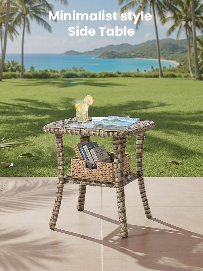 ovios 5 Piece Outdoor Patio Furniture with 3 Seat Sofa,Rattan Wicker Coversation Set with Swivel Rocking Chair,Balcony Sofa Set with Shiny Table for Outside Porch Backyard Pool, Beige