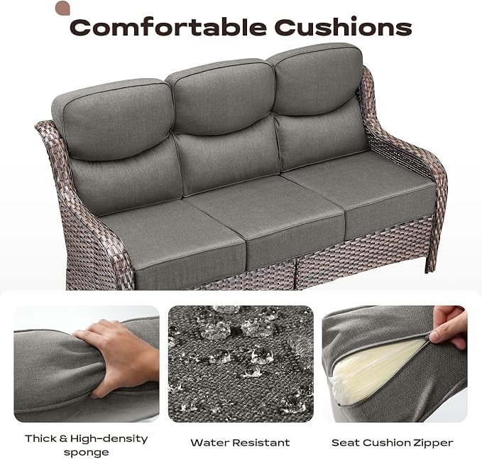 Rilyson Wicker Outdoor Patio Furniture Set - 6 Piece Patio Conversation Sets with Swivel Rocker Chairs, Ottomans, Sofa and Side Table, 6 inch Cushions, Waterproof Wicker, for Porch Deck Brown/Grey