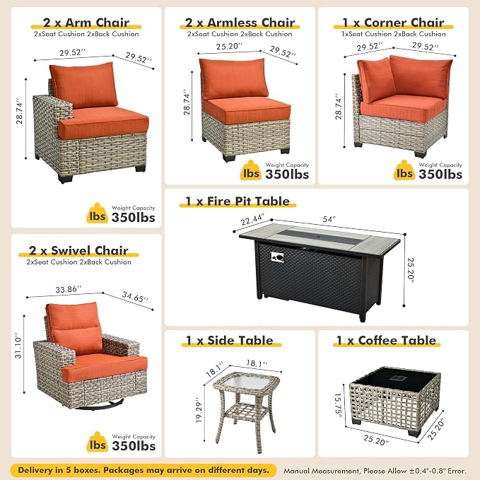 10 Pcs Outdoor Sectional Patio Furniture Set with Fire Pit Table and Swivel Rocking Chairs - All Weather Wicker Modular Outside Sectional Couch,Patio Seating Outdoor Conversation Sets,Orange Red