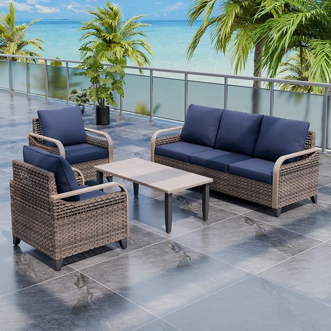 EAGLE PEAK Modern Wicker Outdoor Patio Furniture Set, Patio Conversation Set, 2 Chairs, 3-Seat Loveseat and Coffee Table, 4 Pieces, Brown/Blue