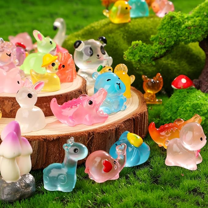 150PCS Mini Luminous Resin Animals 40+ Styles Glow Tiny Resin Animal Miniature Little Small Animal Figures for Accessories Dollhouse Potted Garden Aquarium Party Decoration DIY Craft