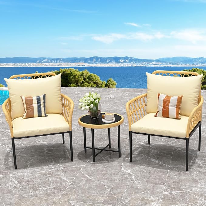 TrailBlaze All-Weather 3-Piece Outdoor Rattan Patio Sofa Set - PE Wicker Conversation Set with Glass Coffee Table, Thick Cushions, Lightweight & Space-Saving - Ideal for Balcony, Garden, Backyard