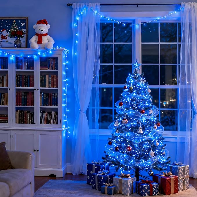 JMEXSUSS 8 Modes 163 FT 500 LED Blue Christmas Lights Outdoor Waterproof | Remote Control Blue String Light Plug in, Clear Wire Christmas String Lights for Tree Yard Patio House Party Decorations