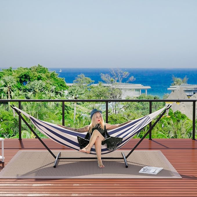 2 Person Double Hammock with Stand Foldable, 450Lbs Capacity, Double Hammocks Portable with Carrying Bag, Thick Rope, Collapsible Heavy-Duty Steel Stand for Indoor & Outdoor, Weatherproof
