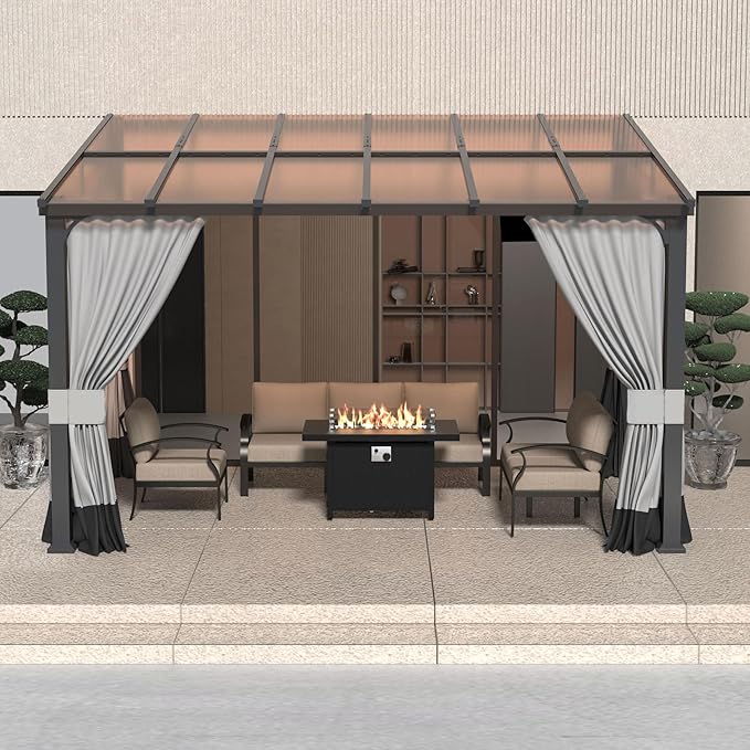 10' x 12' Lean to Gazebo,Large Wall Mount Heavy Duty Gazebos Pavilion,Outdoor Hardtop Pergola Shelter with Curtains and Netting,Sunshade for Patio Garden Lawn Backyard Deck,Grey