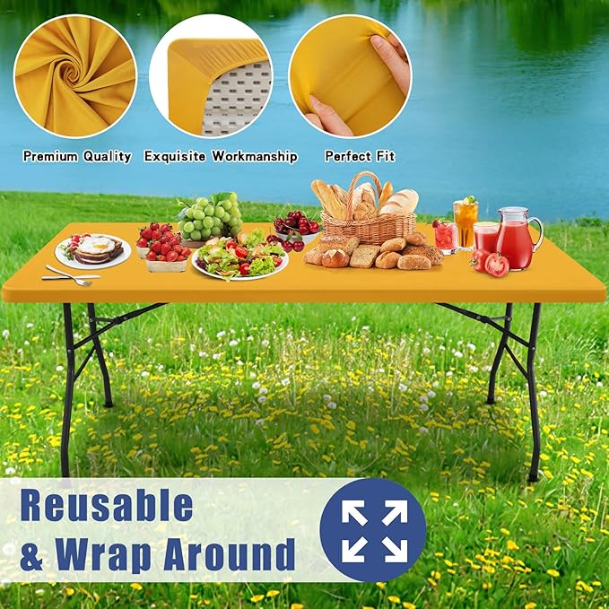 Moosfor Spandex 8 Foot Rectangle Table Cloth 2 Pack, Elastic Fitted Tablecloths for Picnic, Stretch Washable Patio Table Cover for Outdoor, Camping, Banquet and Parties (Mustard Yellow, 30"x96")