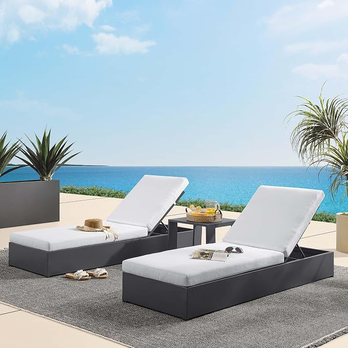 Modway Tahoe Aluminum Outdoor Patio Set of 2 Chaise Side Gray White, 3-Piece Set of Pool Lounge Chairs and Accent Table for Backyard Furniture