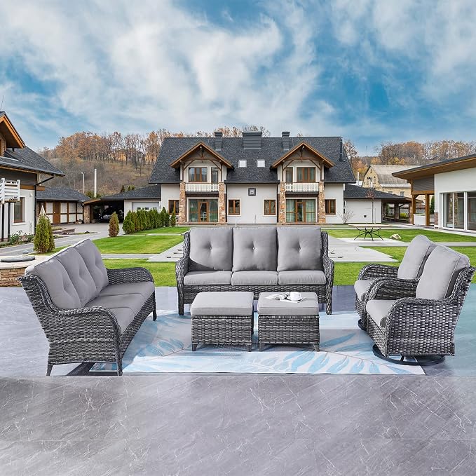 Rilyson Wicker Patio Furniture Set - 6 Piece Rattan Outdoor Sectional Conversation Sets with 2 Rocking Swivel Chairs,2 Ottomans and 2 Sofa for Porch Deck Garden(Mixed Grey/Grey)