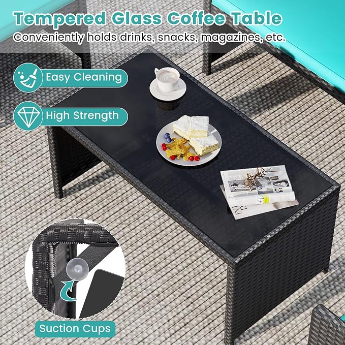 Tangkula 4 Pieces Patio Wicker Furniture Set, Outdoor Heavy Duty Rattan Cushioned Chairs, Loveseat and Tempered Glass Coffee Table, for Backyard, Balcony, Poolside (Turquoised,1)