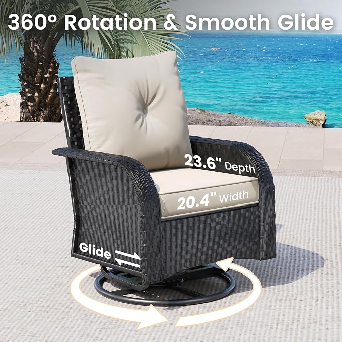 UDPATIO High Back Patio Furniture Set with 2 Swivel Rocker Chairs, Wicker Outdoor Conversation Sets with Thick Cushions & Ottoman, for Garden, Porch