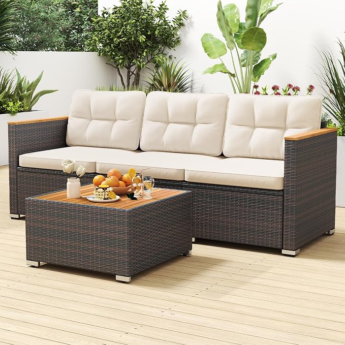 Tangkula 3-Seat Patio Wicker Couch Sofa, Outdoor 3 Seater Rattan Furniture Set with Acacia Wood Armrests & Thick Cushion, Outside Sectional Sofa Couch for Porch, Deck, Garden and Backyard, Off White