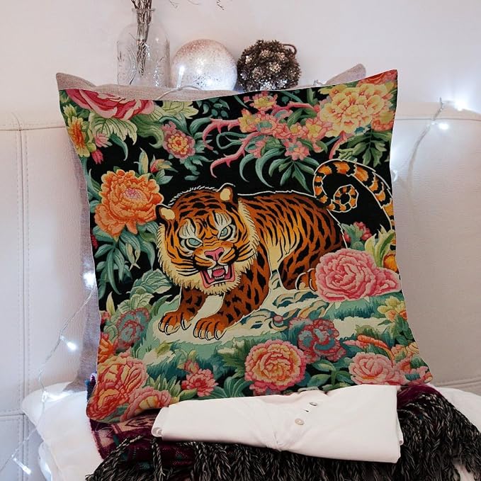 Chinoiserie Tiger Outdoor Throw Pillow Covers Green and Turquoise Black Tiger Stripe Waterproof Throw Pillowcase 26x26 in Modern Accent Pillows for Patio Furniture Garden