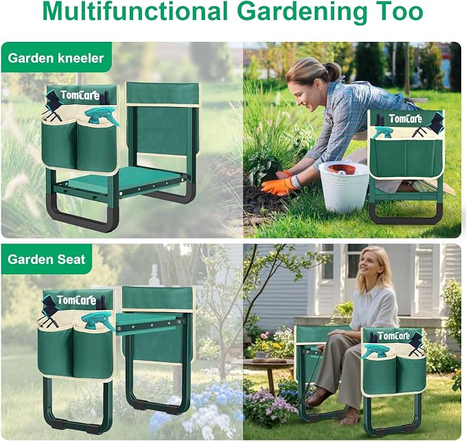 TomCare Garden Kneeler and Seat, 11.14" Kneeling Pad Sturdy Garden Bench | 2-in-1 Heavy Duty Garden Stool, 2 Tool Pouches, Foldable Design, Gardening Gift for Women, Men and Gardeners
