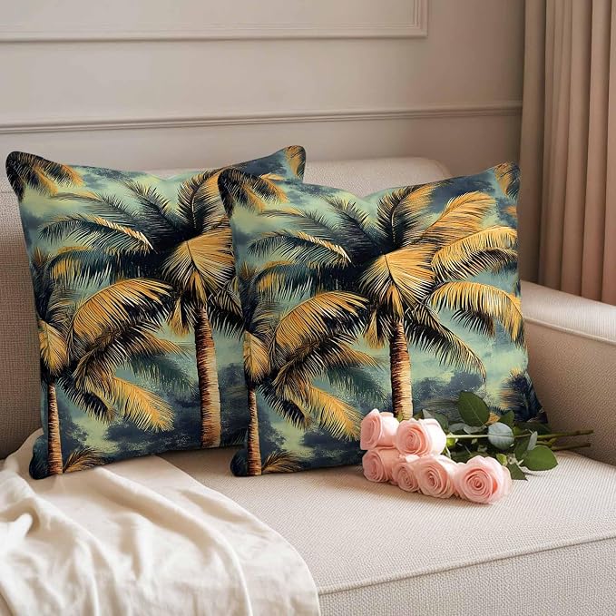 Palm Tree Waterproof Outdoor Pillow Covers Set of 2 Home Decor, Retro Summer Botanical Tropical Plant Leaves Pillowcase Patio Pillow Covers for Couch Bench Furniture Garden 20x20in