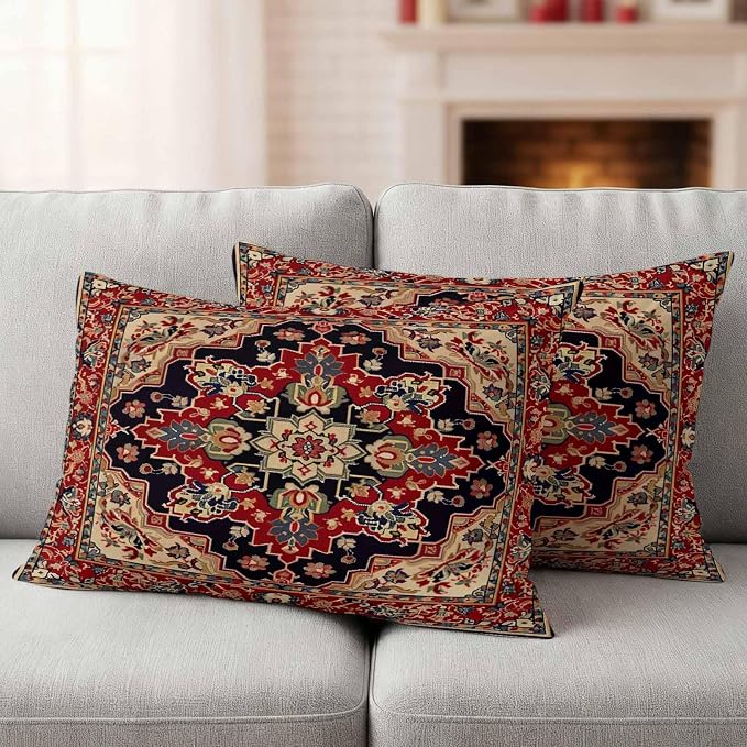 Red Vintage Outdoor Waterproof Throw Pillow Covers Set of 2, 20"x12", Floral Pattern Ethnic Style Decorative Pillow Covers Outside Cushion Case for Patio Porch Garden