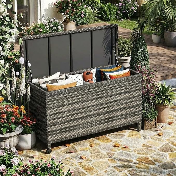 GarveeLife Medium Outdoor Wicker Storage Box, PE Rattan Patio Storage Chest with Steel Frame, Compact Deck Storage Box for Cushions, Toys & Outdoor Essentials – Brown Wicker