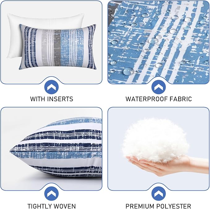 12x20 Waterproof Outdoor Pillows, Set of 2 Outdoor Lumbar Pillows | Patio Furniture Pillows, Decorative Throw Pillows, Waterproof & Fade Resistant, Removable & Washable, Stripe Blue White