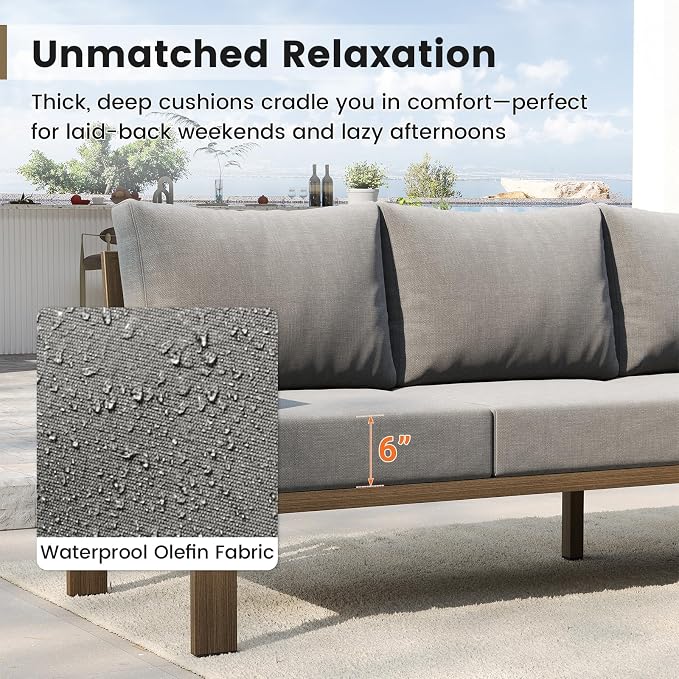 UDPATIO 6 Piece Patio Furniture Set, Metal Outdoor Sectional Sofa with 6" Thick Olefin Cushions, Wide Armrest & Coffee Table, L Shaped Outdoor Furniture for Garden, Backyard, Faux Wood Grain & Grey