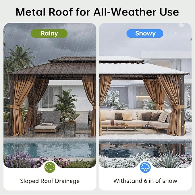 12x20FT Hardtop Gazebo with 72FT Solar String Lights, Metal Frame with Double Galvanized Steel Roof, Permanent Outdoor Pergola for Backyard, Patio, Lawn and Garden, Brown