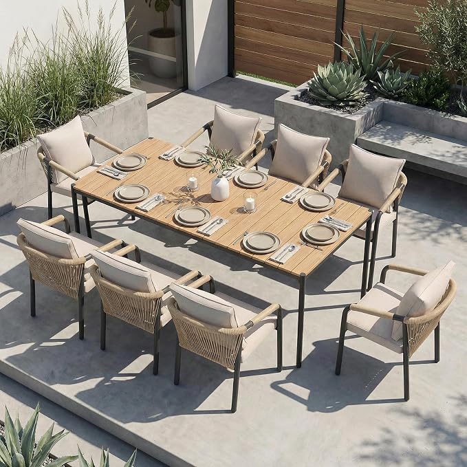 SUNSITT 9 Piece Outdoor Patio Dining Set, Patio Dining Furniture Set with 82.6” Metal Dining Table w/WPC Tabletop and 6 Woven Rope Patio Chairs w/Curved Armrest for Garden, Beige