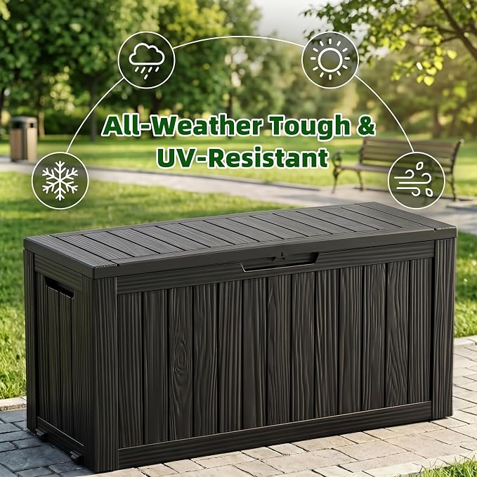 EasyUp 92 Gallon Reinforced Resin Deck Box – Waterproof & UV-Resistant Outdoor Storage, Large Capacity Patio Storage Bin for Furniture Cushions, Throw Pillows, Garden Tools, Pool Floats, Black