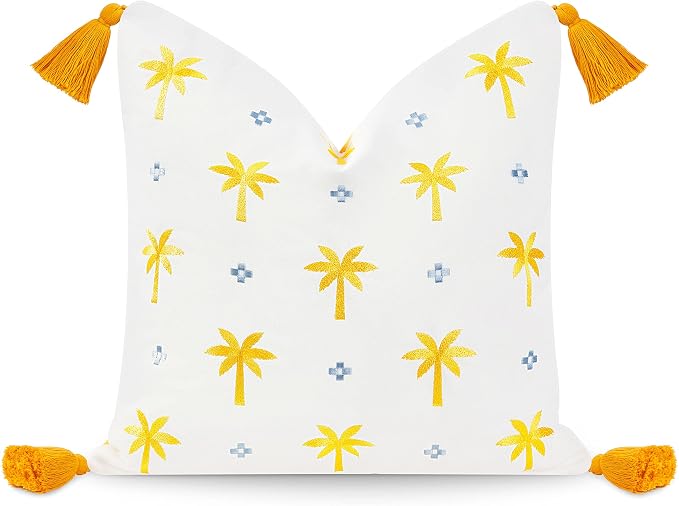 Hofdeco Premium Yellow Baby Blue Palm Tree Tassel Throw Pillow Cover, 20x20 Inch, Floral Pattern, Coastal Style, Indoor Outdoor Use
