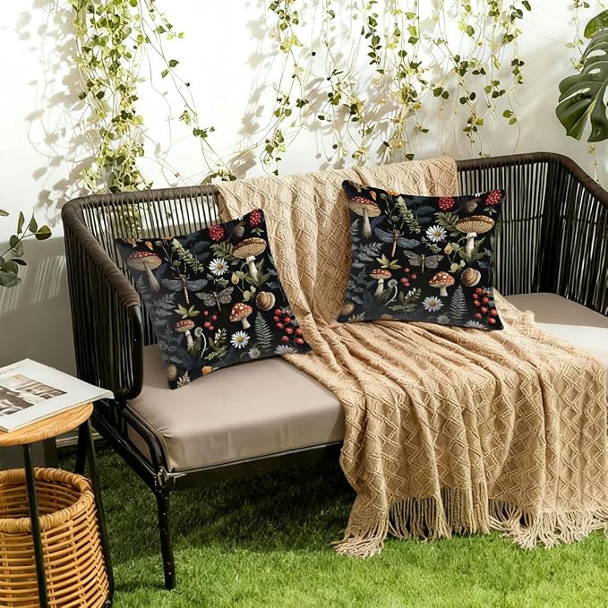 18x18 Inch Outdoor Pillow Covers Set of 2 Waterproof Throw Pillow Covers Decorative Couch Cushion Covers Mushrooms Dragonflies Leaf Square Pillowcases Protectors for Patio Garden Sofa