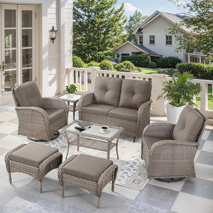 7 Pieces Patio Furniture-Patio Swivel Chairs Set of 2 Outdoor Glider Bench Rocking Chair with Patio Ottomans Patio Conversation Sets for Deck Porch Garden Balcony Poolside-Grey/Grey