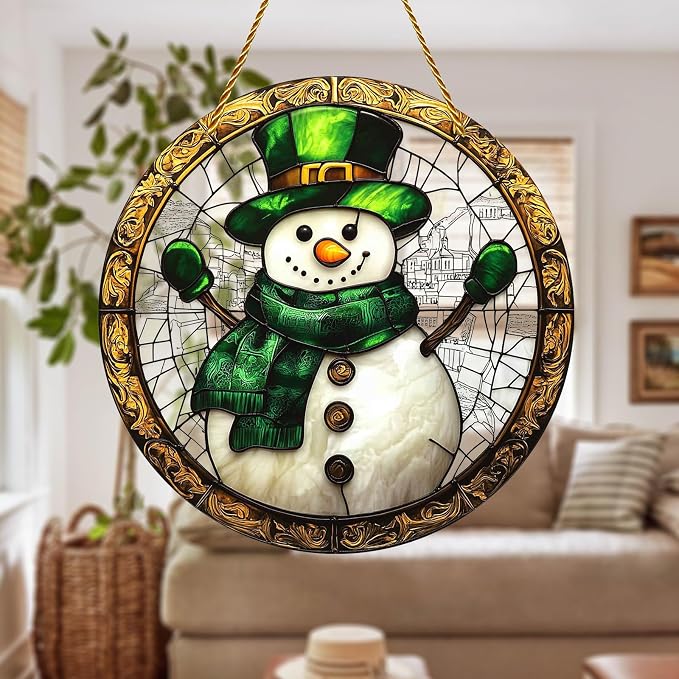 8x8 inch Charming Christmas Snowman Acrylic Stained Glass Window Hanging Sun Catcher Decor Stained Panel Hangings Wall Art Decor, for Friends and Family (Snowman)
