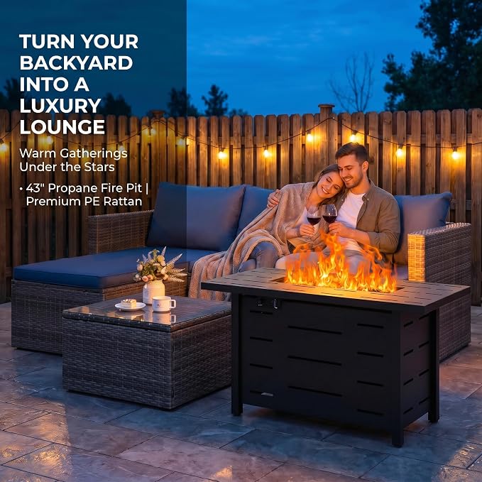 SUNLEI 4-Piece Patio Furniture Set with 43" Propane Fire Pit Table, Outdoor Wicker Sectional Sofa Set, All-Weather Conversation Set for Backyard, Poolside, Garden, Blue Cushions