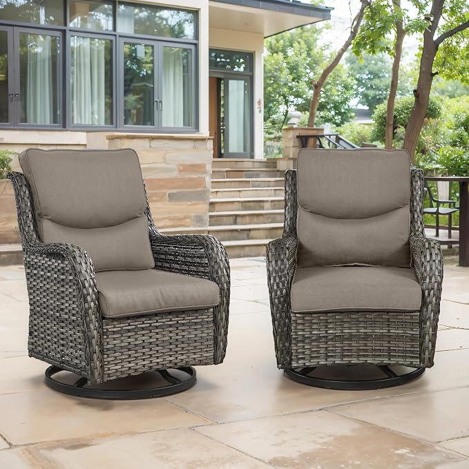 Swivel Patio Chairs Set of 2 with 5" Thick Cushion - Wicker Outdoor Swivel Rocker Patio Chairs, High Back Comfortable Outdoor Glider Chair for Balcony, Porch, Deck, Poolside - Gray-Gray