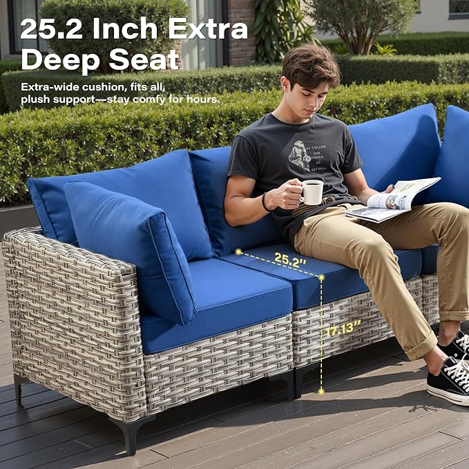 6 Pieces Patio Furniture Set with 42" Fire Pit, All-Weather Rattan Outdoor Sectional Conversation Sets L Shaped Sofas with Solar Light Coffee Table for Porch Balcony Backyard Navy Blue