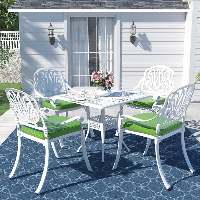 MEETWARM 5-Piece Outdoor Patio Dining Set, All-Weather Cast Aluminum Patio Conversation Set for Backyard Garden Deck with 4 Chairs, 4 Cushions and 35.4" Square Table, White