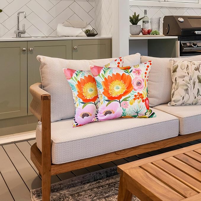 Spring Floral Pillow Covers 20x20 Inch Set of 2 Waterproof Pink and Orange Flowers Decorative Pillowcases Outdoor Farmhouse Patio Cushion Cases for Sofa Couch Home