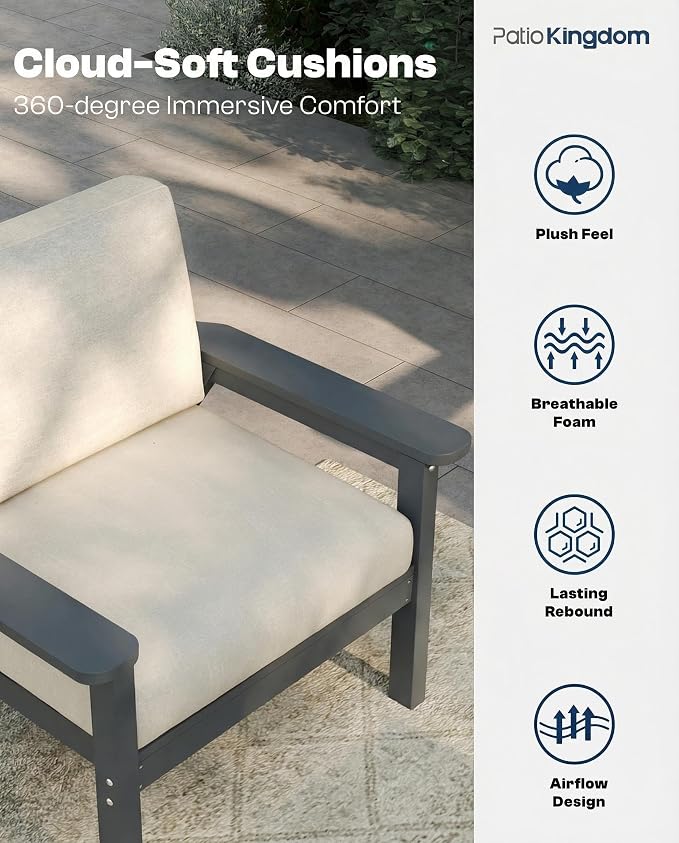 7 Piece Patio Furniture Set, HDPE Outdoor Sectional with Beige Washable Thick Cushions, Coffee Table, Patio Conversation Sets for Lawn, Garden, Porch, Balcony (Grey Frame)