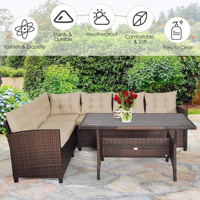 HAPPYGRILL 3-Piece Outdoor Patio Furniture Set Rattan Wicker Sofa Set with Seat & Back Cushions, Manual Weaving Conversation Set with Coffee Table for Patio Garden Backyard
