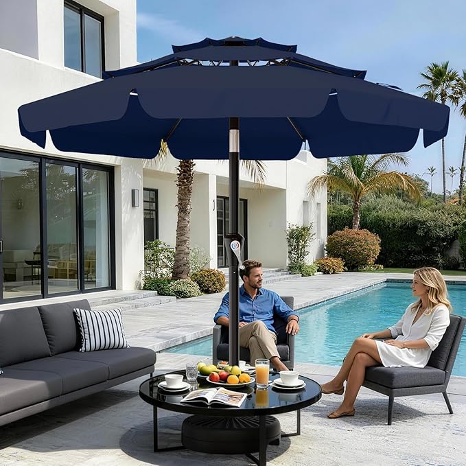 AreShark 9FT 3-Tiers Patio Umbrella with Valance, Outdoor Umbrellas with Crank/Tilt, Table Market Umbrella Vented w/ 8 Sturdy Ribs for Garden, Deck, Backyard, and Pool, Navy