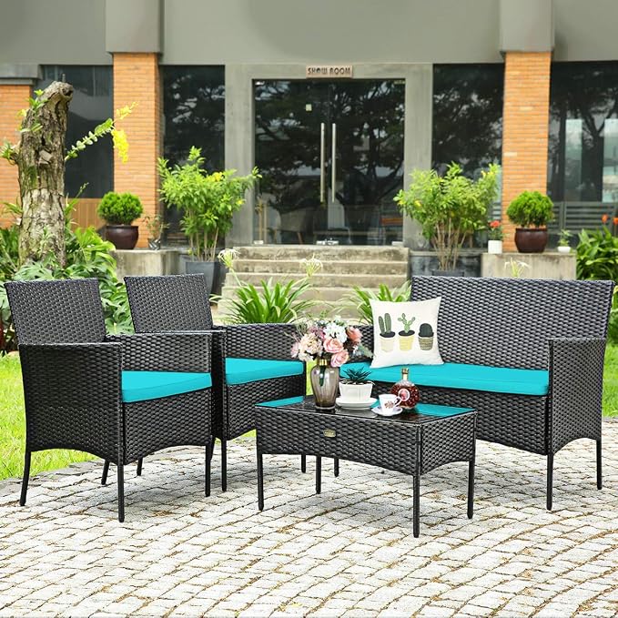 DORTALA Wicker Patio Furniture Set 8 Piece, Rattan Outdoor Table and Chairs Set with Loveseat, Cushions, All Weather Balcony Conversation Sofa Set for Porch, Backyard, Deck, Turquoise