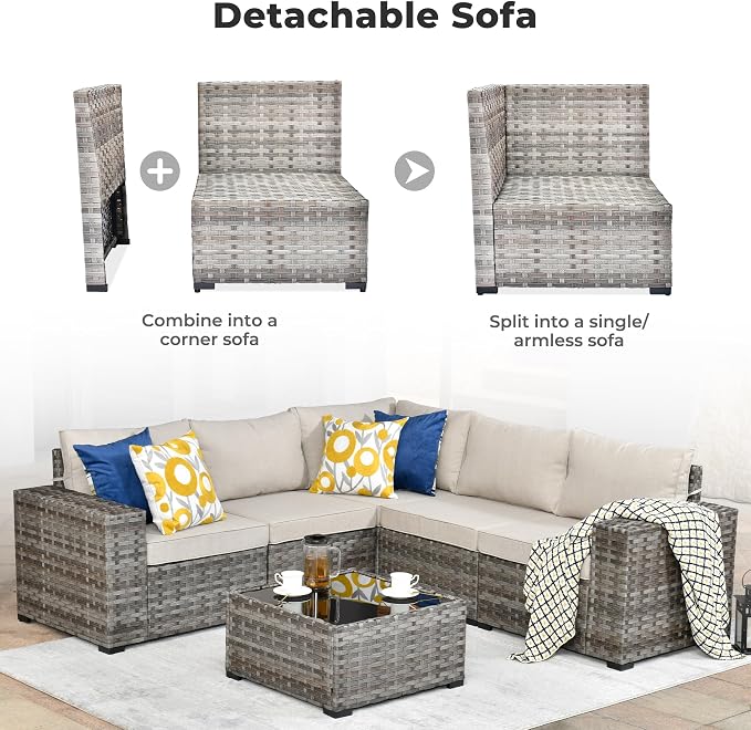 ovios 6 Pieces Patio Furniture Set, Outdoor Wicker Sectional Sofa with Coffee Table Comfy Cushions, Modern Modular Deep Seat Couch Rattan Conversation Set, Beige