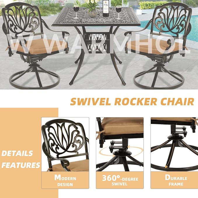5 Piece Patio Dining Set, Outdoor Table and Chairs Set for 4 Cushioned Swivel Rocking Chairs and 35.4'' Square Table, All-Weather Cast Aluminum Patio Funiture Set, 2.2'' Umbrella Hole