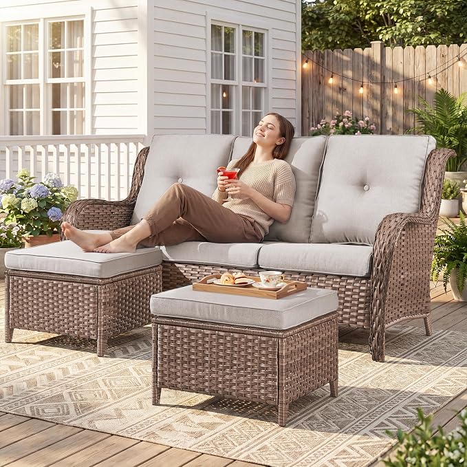Belord 5 Piece Wicker Patio Furniture Set, Outdoor Swivel Rocker Chairs Set of 2 with Ottomans and 3 Seater Sofa, All Weather Patio Conversation Furniture Set, for Porch Pool, Yellow Wicker/Beige