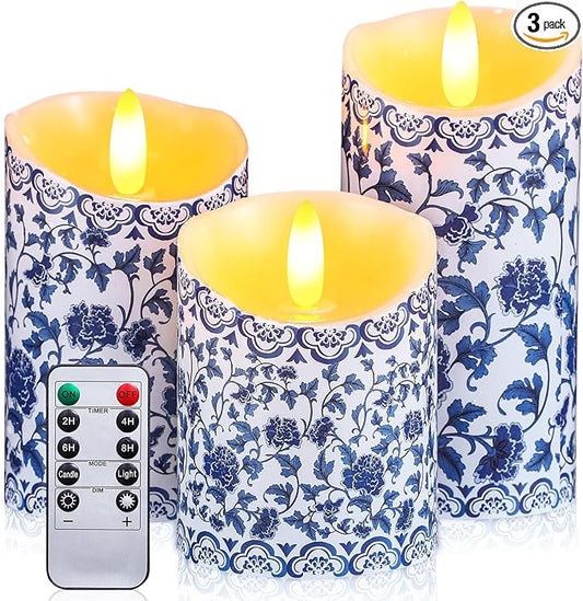 Tujoe 3 Pcs Chinoiserie Flameless Candles Blue and White Battery Operated Candles Blue White Floral Printed Faux Candles with Remote Timer for Wedding Garden Festive Home Party Decoration