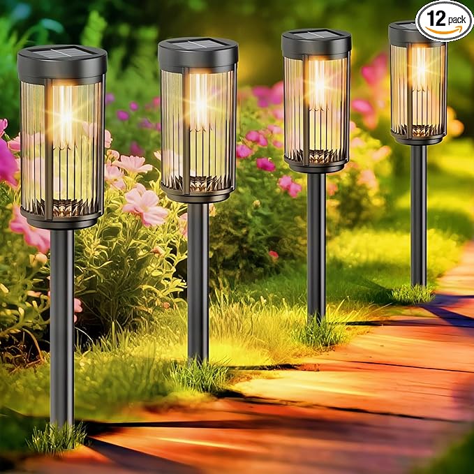 EXCMARK 12 Pack Outdoor Solar Lights Waterproof for Yard Garden Walkway Pathway Lawn Decorative Contemporary Landscape Lighting. (Warm White Light, 12)