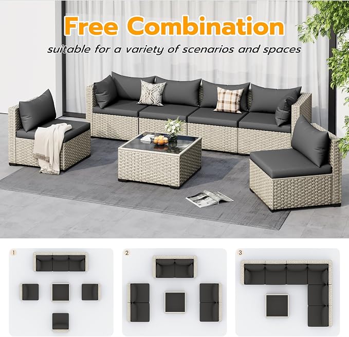 UDPATIO Outdoor Patio Furniture Set, 7 Pcs PE Wicker Sectional Sofa with Tea Table, Outdoor Conversation Set for Patio, Garden, Backyard (Black Cushions with Light Grey Rattan)