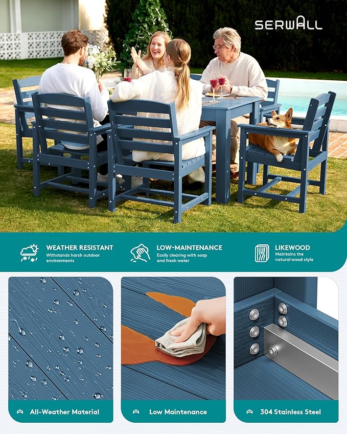 SERWALL Outdoor Dining Sets for 6, HDPE Dining Sets with 1 Umbrella Hole Cut-Out Rectangular Table and 4 Armless Chairs and 2 Armchairs, Patio Dining Sets, Blue