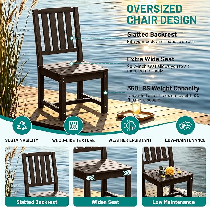 PLUUV 7-Piece Outdoor Dining Set – HDPE Patio Furniture with Umbrella Hole Table, Aluminum Legs, and 6 Armless Chairs, Weatherproof & Easy-Clean for Backyard, Garden, Coffee