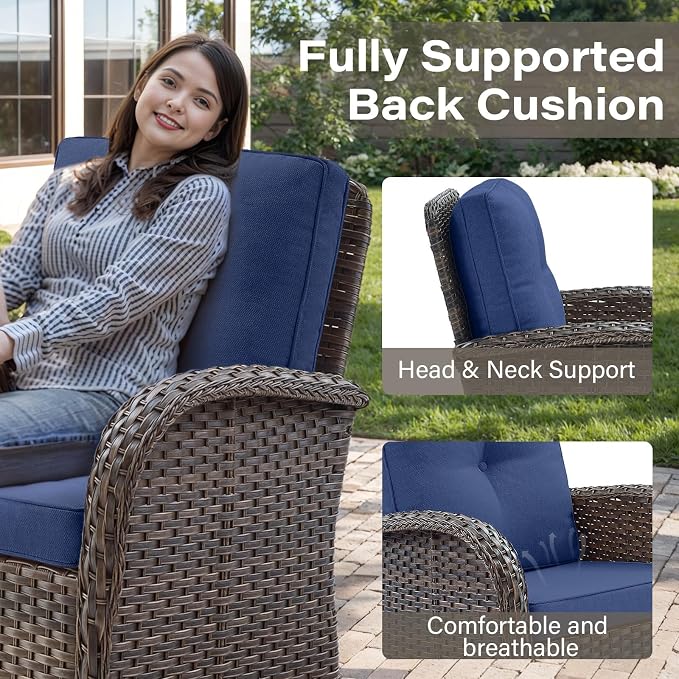 Belord Wicker Outdoor Furniture Set - 7 Piece Patio Conversation Sets with Comfort Swivel Rocker Glider Patio Chairs Set of 2 and Rattan Sofa,Tempered Glass Coffee Table and Side Table,Brown/Blue